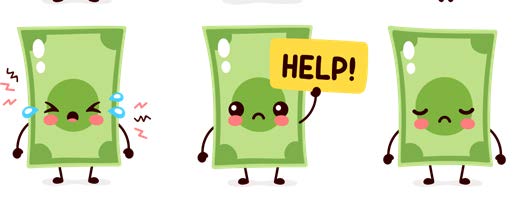 Digital illustration of three cute dollar bills