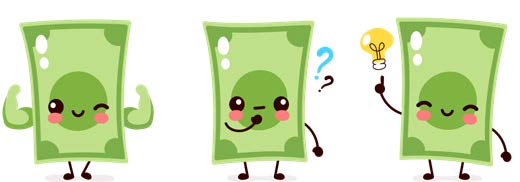 Digital illustration of three cute dollar bills