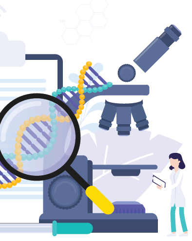 Digital illustration of a scientist and a microscope