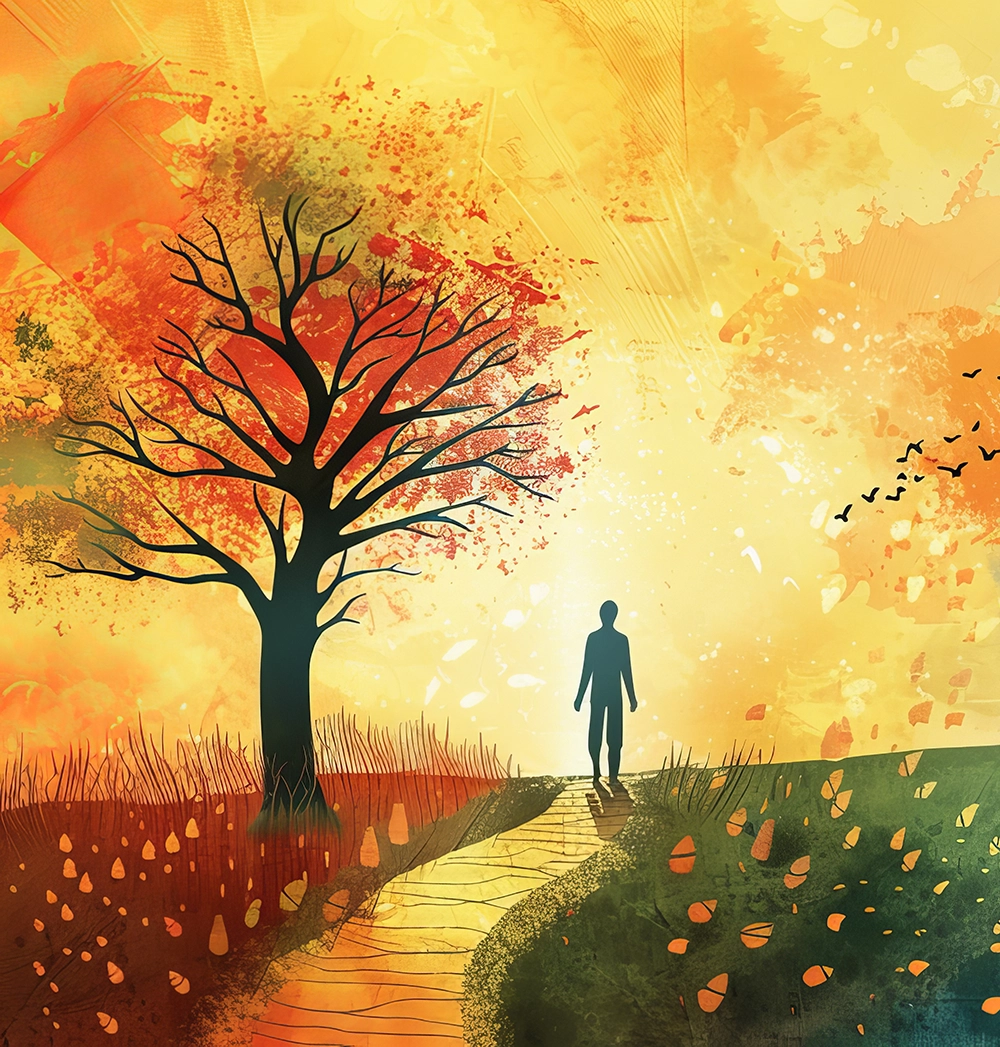 2D abstract illustration of a person walking through a colorful park at sundown