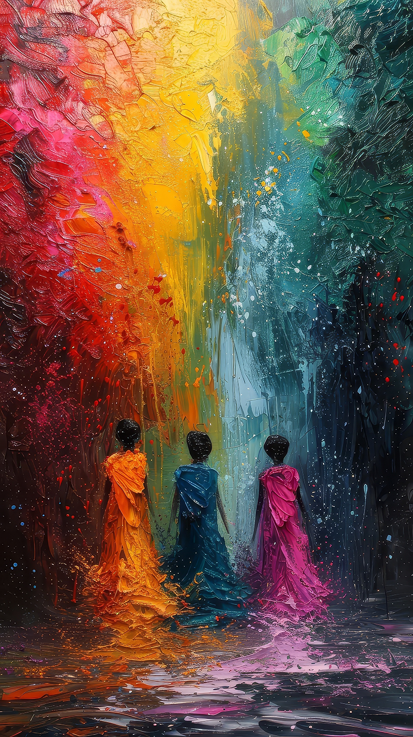 Painting of three women looking at a rainbow