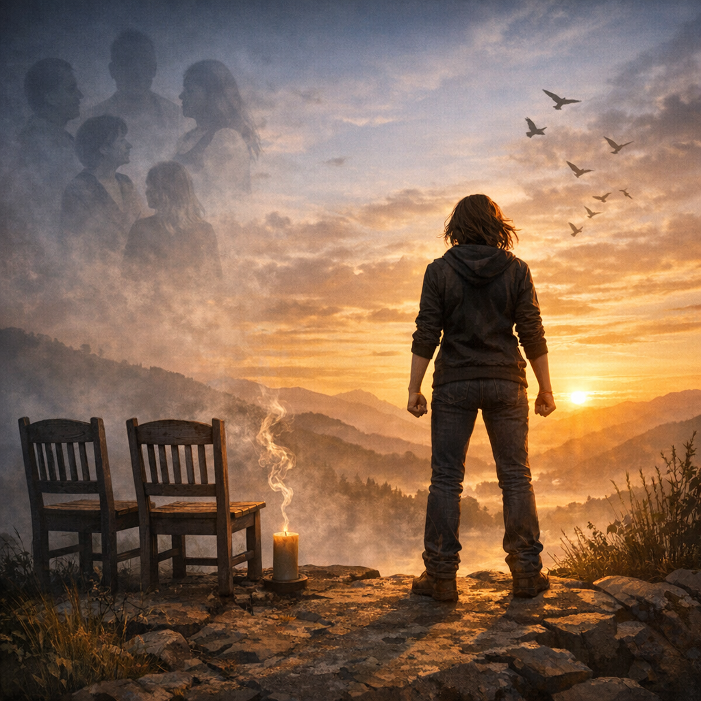 Woman standing over a cliff recalling loved ones who have been taken by cancer
